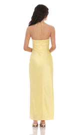 Satin Halter Flower Maxi Dress in Yellow